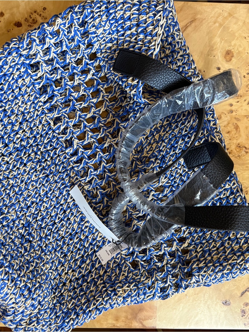 Banana Republic Blue & White Woven Tote with Black Handles